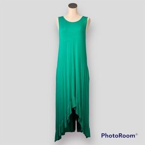 SLEEVELESS Hi Low Ruffle Hem Solid Kelly Green Round Neck Maxi Dress Size S